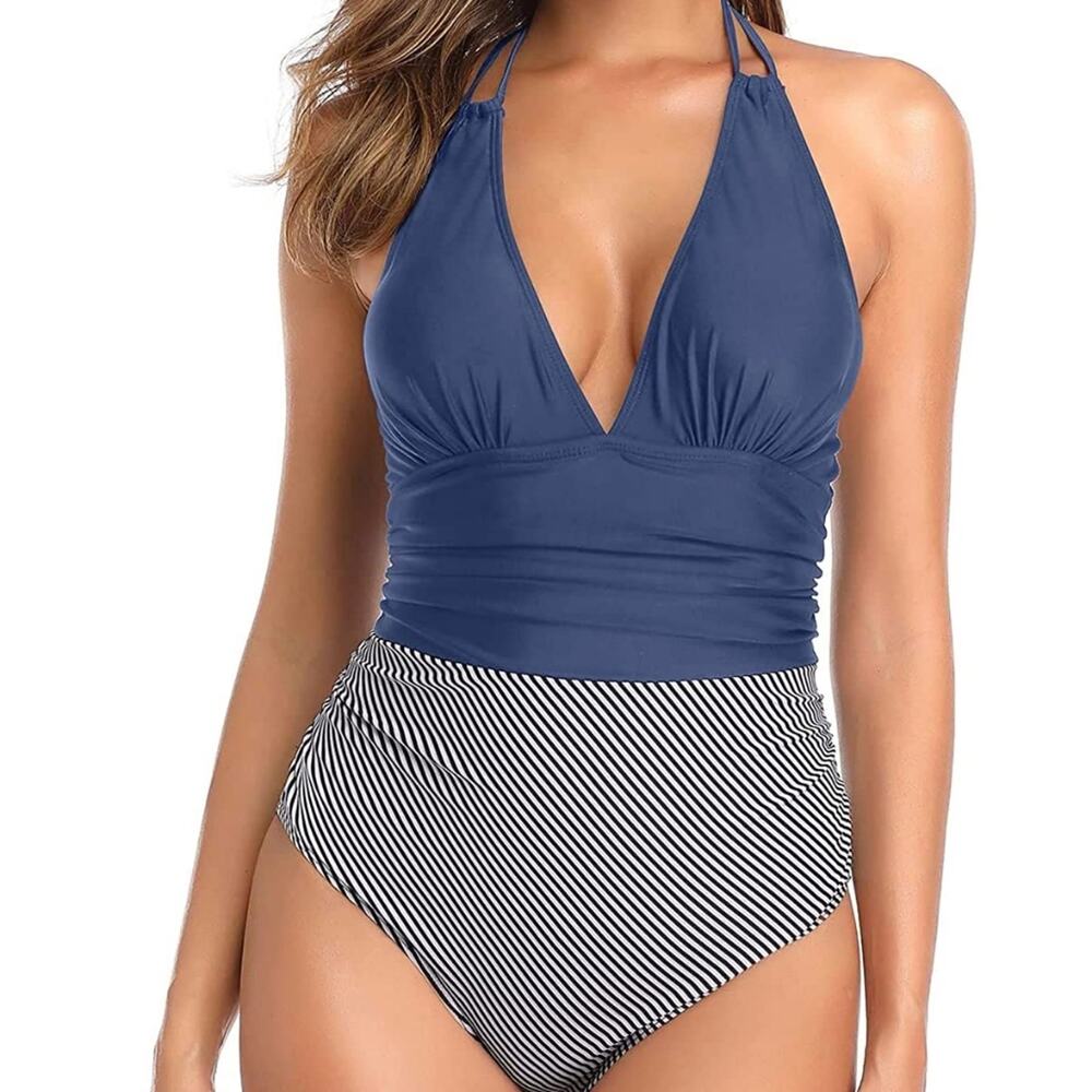 New Blue One Piece Swimsuit Tummy Control Halter Slimming Bathing 802 Suit XXL‎